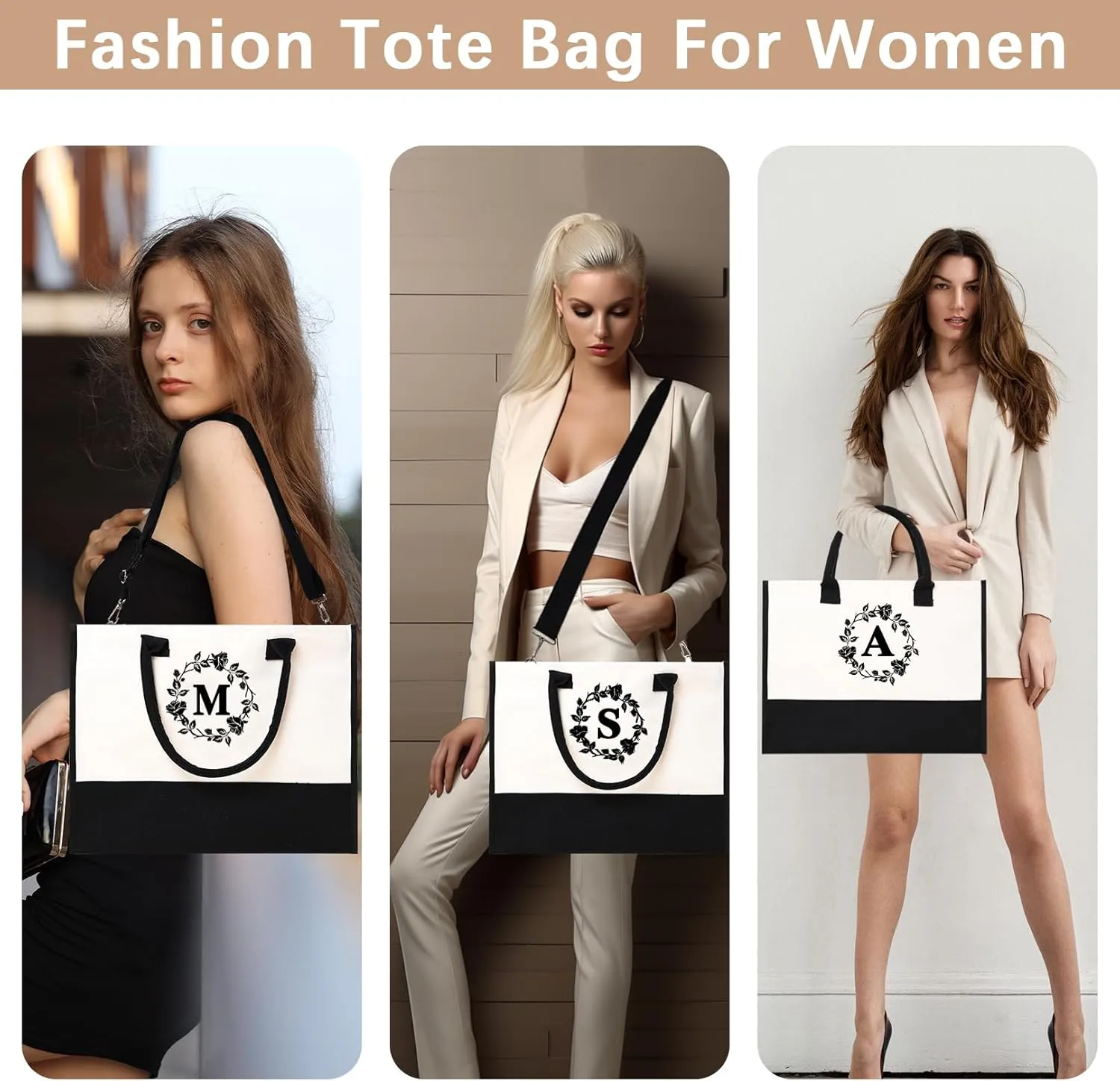 Monogram Personalized Initial Canvas Tote Bags for Women, Double-sided Embroidery Tote Beach Bags Gifts for Women
