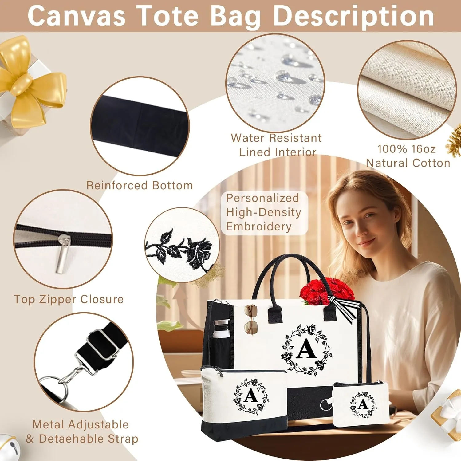 Monogram Personalized Initial Canvas Tote Bags for Women, Double-sided Embroidery Tote Beach Bags Gifts for Women