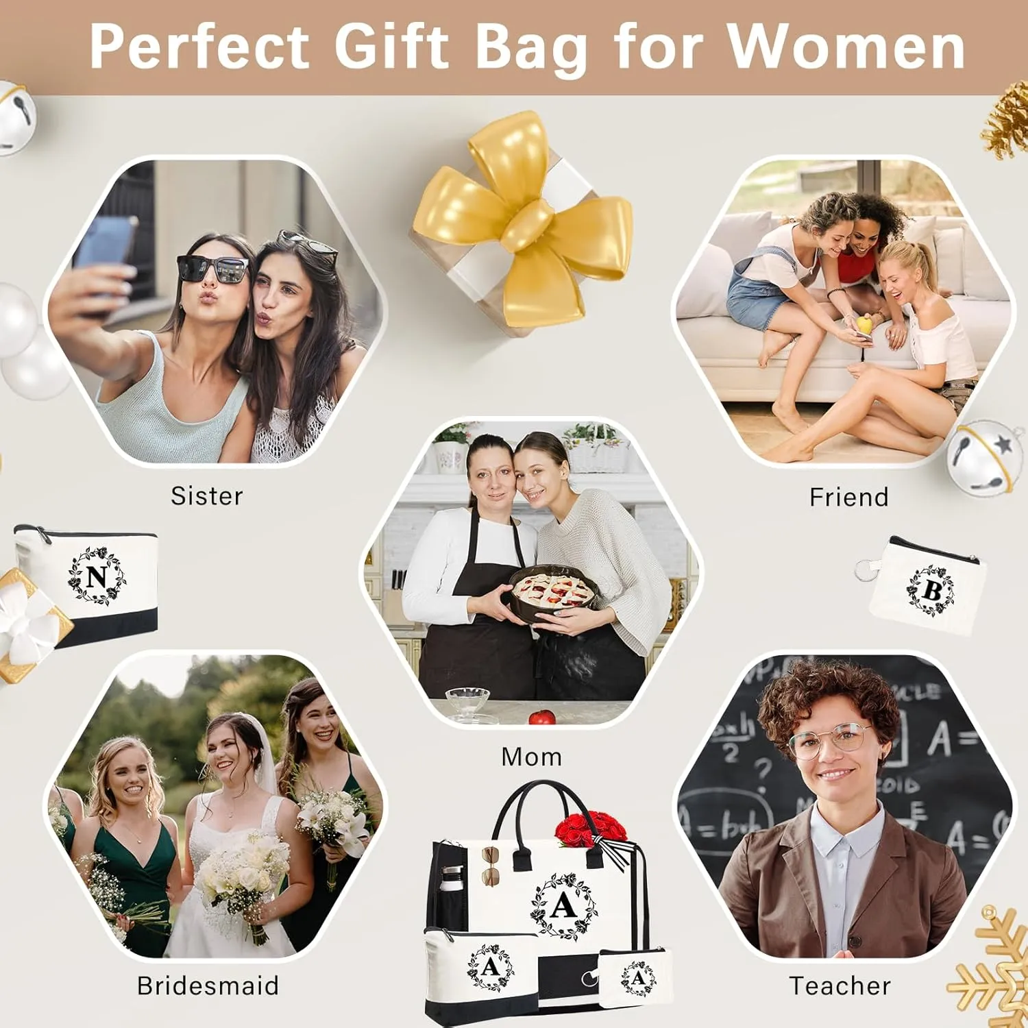 Monogram Personalized Initial Canvas Tote Bags for Women, Double-sided Embroidery Tote Beach Bags Gifts for Women