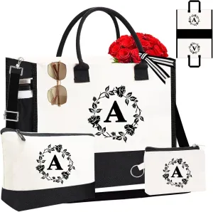 Monogram Personalized Initial Canvas Tote Bags for Women, Double-sided Embroidery Tote Beach Bags Gifts for Women