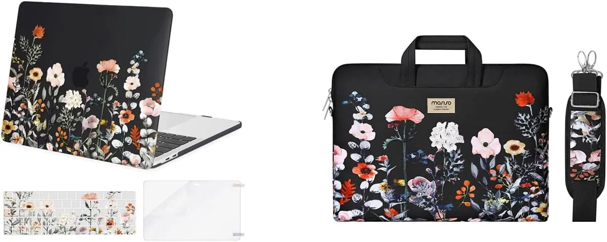 MOSISO Compatible with MacBook Pro 13 inch Case 2022-2016 M2 M1 A2338 A2251 A2289 A2159 A1989 A1708 A1706,Plastic Garden Flowers Hard Case&Keyboard Cover&Screen Protector&Laptop Shoulder Bag,Black