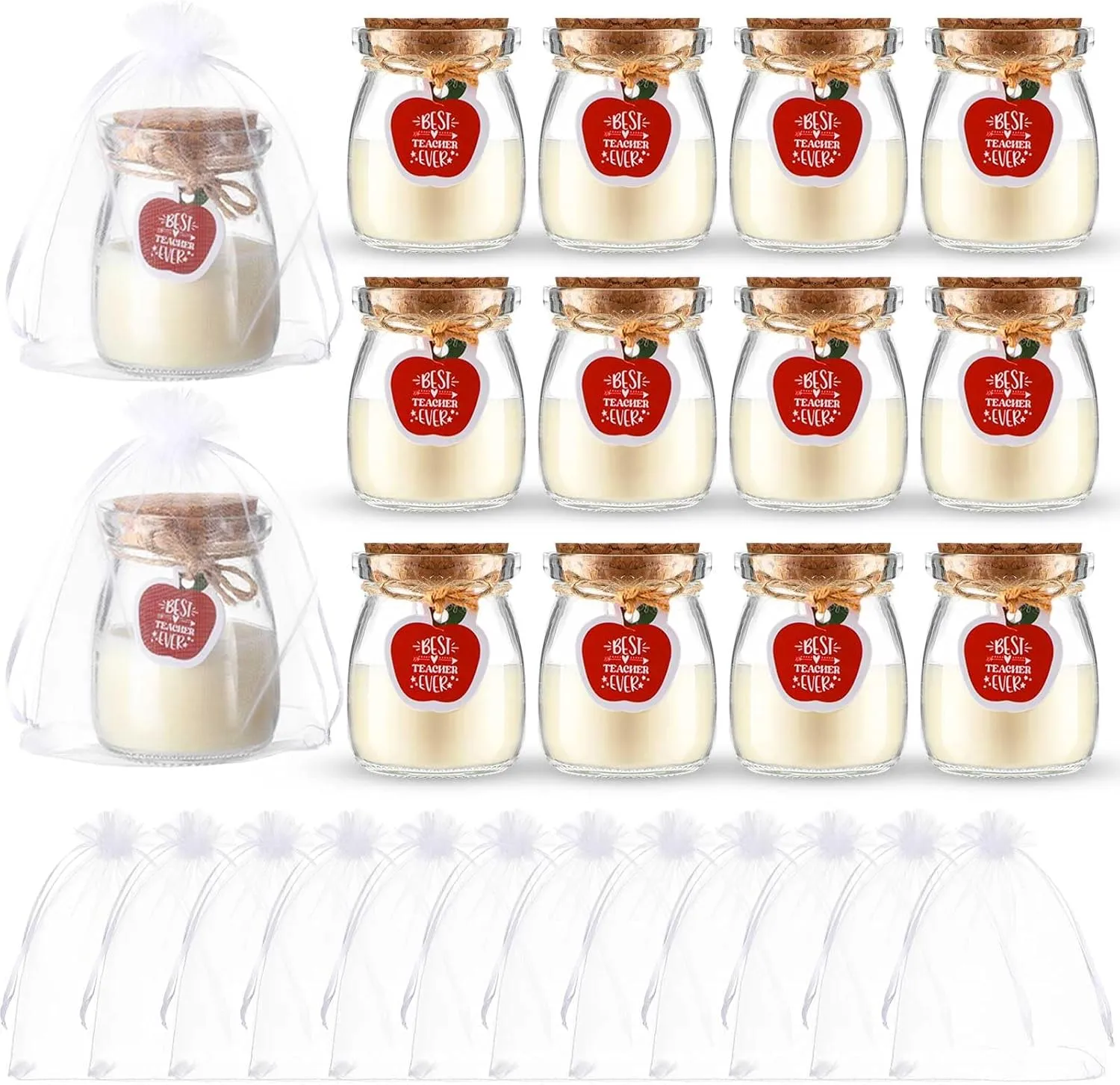 MTLEE 12 Pcs Teacher Appreciation Gifts Bulk Scented Soy Wax Fragrance Thank You Candle in Organza Bags Aromatherapy jar Inspirational Candle Gift for Teachers,School Staff,12 Fragrances(Cute)
