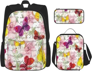 Multi Functional Butterfly Print Backpack Set With Lunch Bag And Pencil Case,Leisure,Fashion