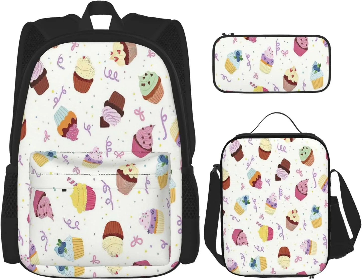 Multi Functional Delicious Cupcakes Print Backpack Set With Lunch Bag And Pencil Case,Leisure,Fashion