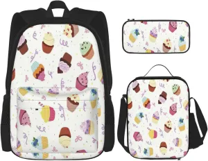 Multi Functional Delicious Cupcakes Print Backpack Set With Lunch Bag And Pencil Case,Leisure,Fashion