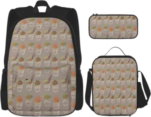 Multi Functional Egg Cup Noodle Ramen Print Backpack Set With Lunch Bag And Pencil Case,Leisure,Fashion