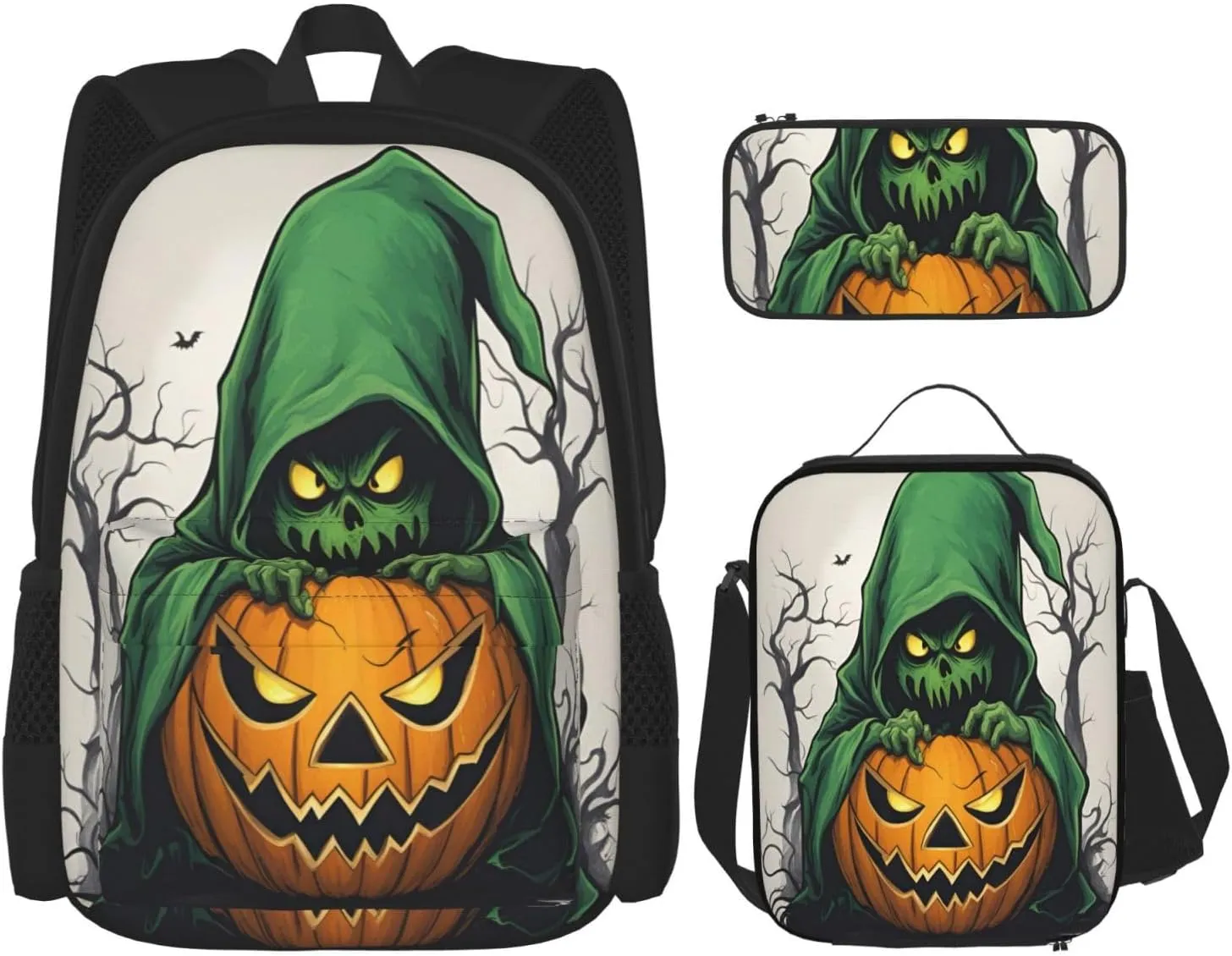 Multi Functional Green Ghost Horror Halloween Pumpkin 1 Print Backpack Set With Lunch Bag And Pencil Case,Leisure,Fashion