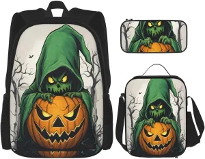 Multi Functional Green Ghost Horror Halloween Pumpkin 1 Print Backpack Set With Lunch Bag And Pencil Case,Leisure,Fashion