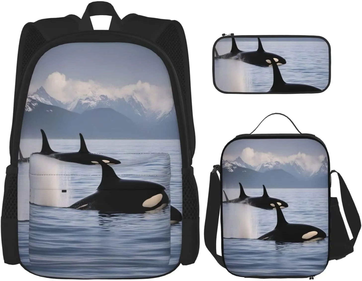 Multi Functional Killer Whales Swim Along Print Backpack Set With Lunch Bag And Pencil Case,Leisure,Fashion