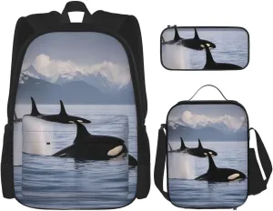 Multi Functional Killer Whales Swim Along Print Backpack Set With Lunch Bag And Pencil Case,Leisure,Fashion