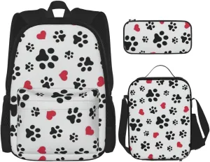 Multi Functional Love Cat Paw Heart Puppy Foot Print Print Backpack Set With Lunch Bag And Pencil Case,Leisure,Fashion