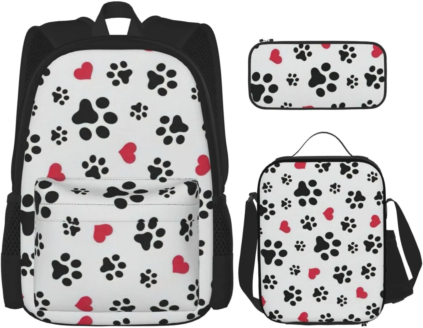 Multi Functional Love Cat Paw Heart Puppy Foot Print Print Backpack Set With Lunch Bag And Pencil Case,Leisure,Fashion