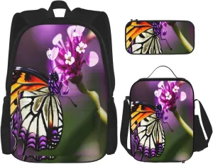 Multi Functional Purple Plum Butterfly Print Backpack Set With Lunch Bag And Pencil Case,Leisure,Fashion
