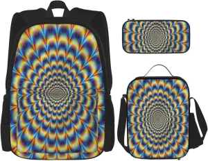 Multi Functional Spiral Optical Illusion Gif Print Backpack Set With Lunch Bag And Pencil Case,Leisure,Fashion