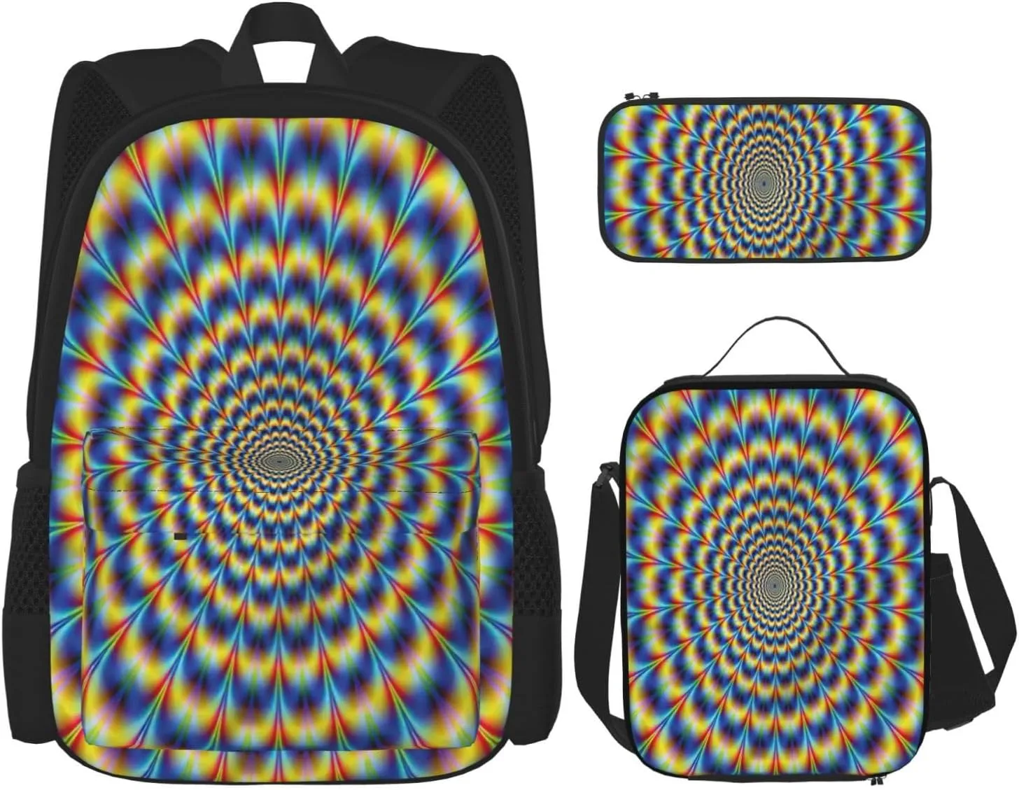 Multi Functional Spiral Optical Illusion Gif Print Backpack Set With Lunch Bag And Pencil Case,Leisure,Fashion