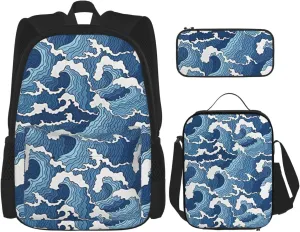 Multi Functional Stormy Sea Print Backpack Set With Lunch Bag And Pencil Case,Leisure,Fashion