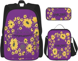 Multi Functional Wild Daisy Flower Print Backpack Set With Lunch Bag And Pencil Case,Leisure,Fashion