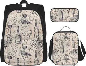 Multi Functional Wine And Winemaking Winery Grape Field Print Backpack Set With Lunch Bag And Pencil Case,Leisure,Fashion