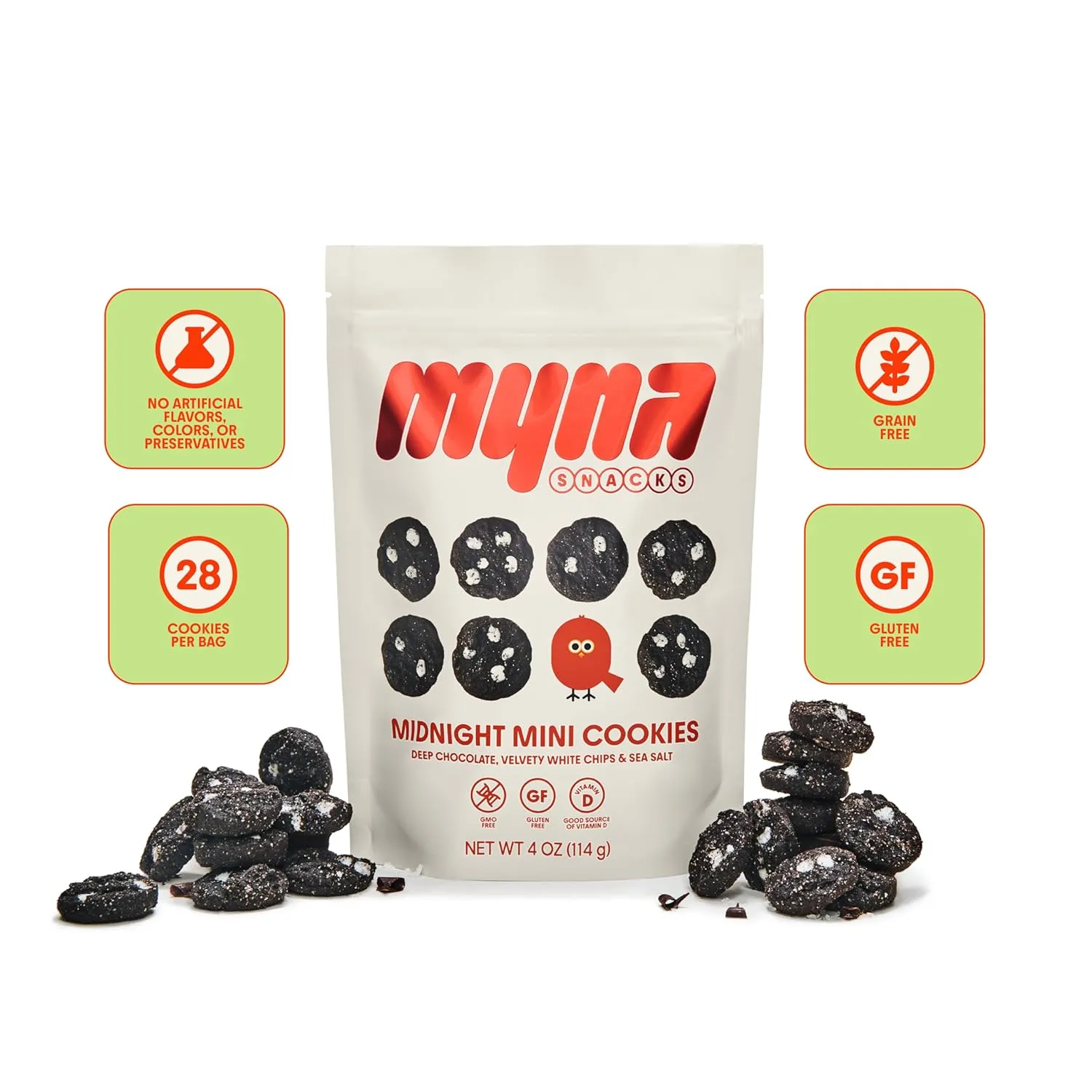 Myna Snacks Seed Oil Free Mini Snacking Cookies - Gluten Free and Dairy Free Chocolate Cookies with White Chips - Healthy Snacks and Sweets with Nothing Artificial, 16oz (Pack of Four, 4oz Bags)