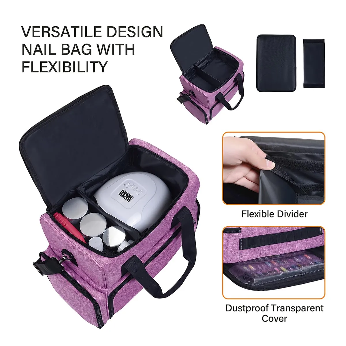 Nail Polish Organizer Holds 80 Bottles & Nail Art Lamp, Portable Large Capacity Storage with 2 Removable Storage Bags Suitable for Manicurists and Manicure Enthusiasts(Purple)