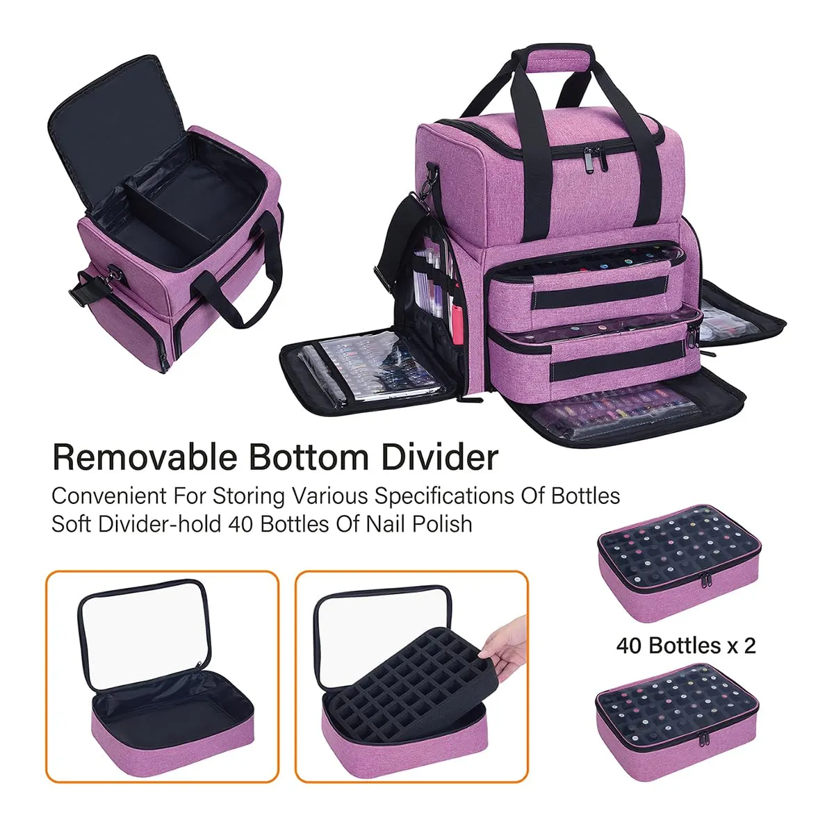 Nail Polish Organizer Holds 80 Bottles & Nail Art Lamp, Portable Large Capacity Storage with 2 Removable Storage Bags Suitable for Manicurists and Manicure Enthusiasts(Purple)