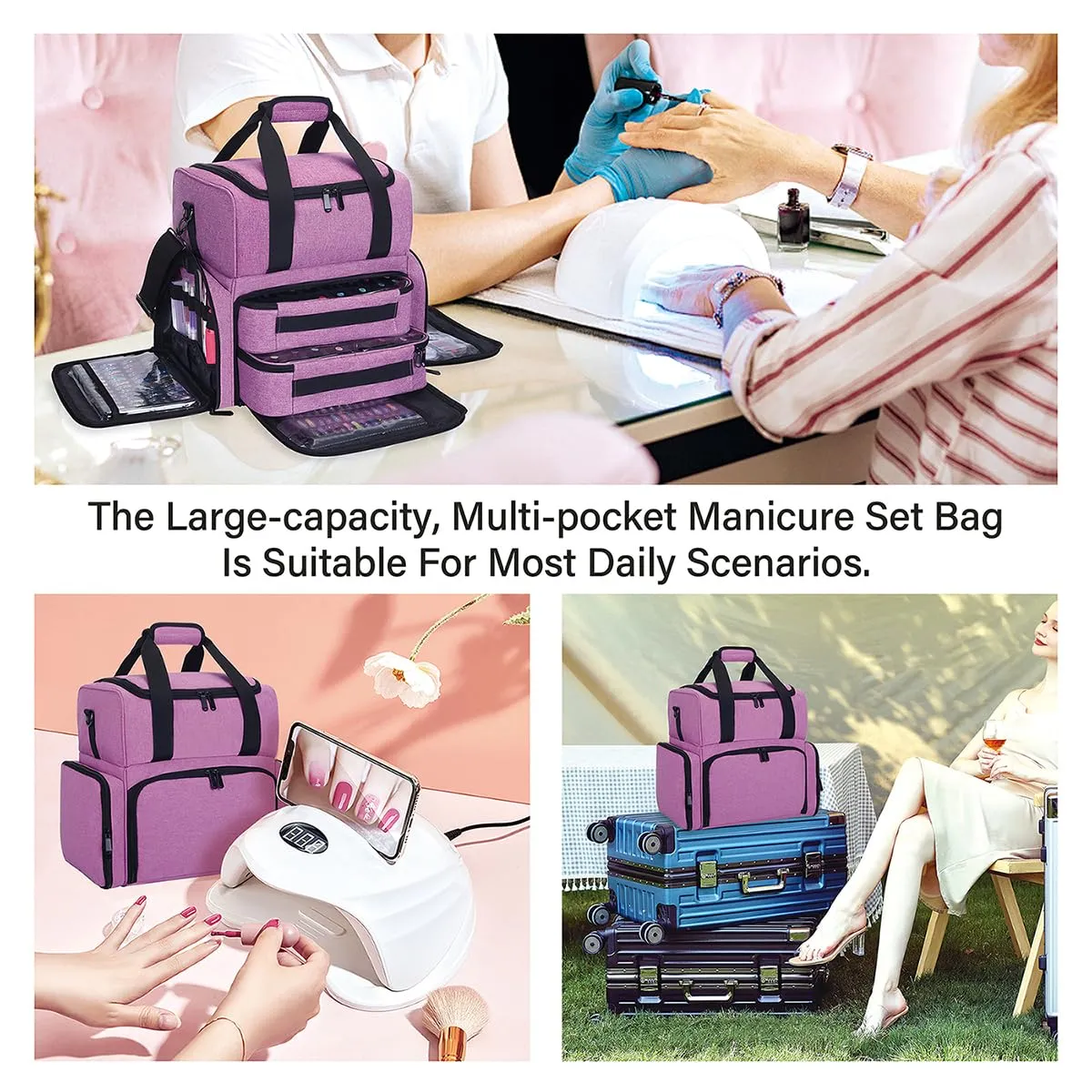 Nail Polish Organizer Holds 80 Bottles & Nail Art Lamp, Portable Large Capacity Storage with 2 Removable Storage Bags Suitable for Manicurists and Manicure Enthusiasts(Purple)