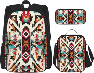 Native American Pattern Print Pocket Backpack,Pencil Case And Lunch Bag Set For Men And Women,Large Capacity