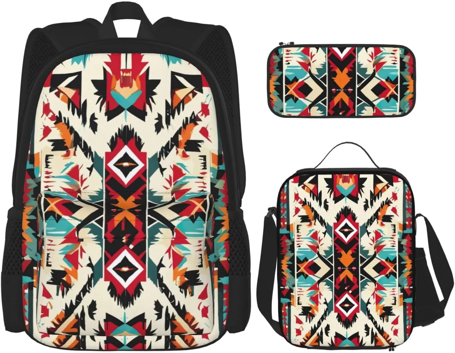 Native American Pattern Print Pocket Backpack,Pencil Case And Lunch Bag Set For Men And Women,Large Capacity