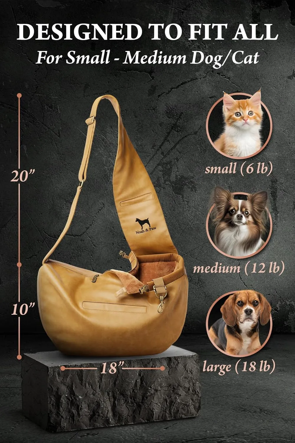 Noah & Paw Dog Sling Carrier for Small Dogs 5-18lb, Dog Sling for Small Dogs and Cats, Dog Carrier with Adjustable Padded Strap, Vegan Leather Lined with Fur, 3X Safety Features, Machine Washable