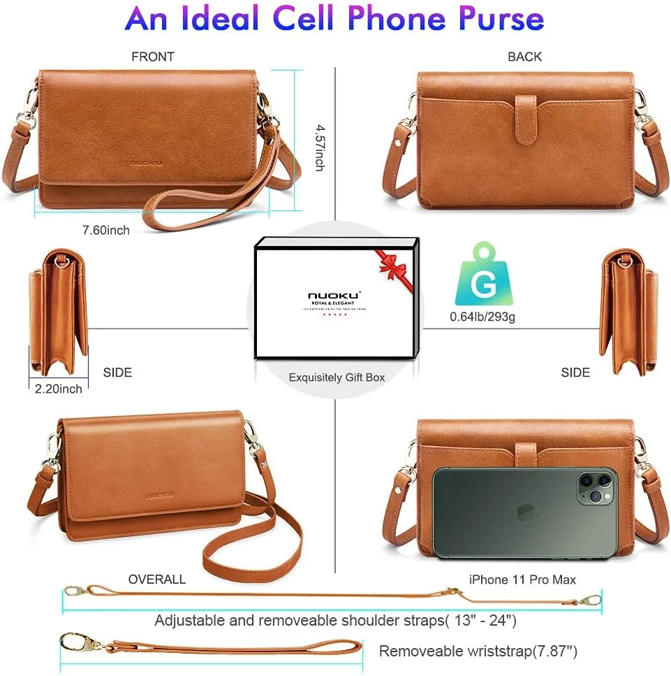 nuoku Women Small Crossbody Bag Cellphone Purse Wallet with RFID Card Slots 2 Straps