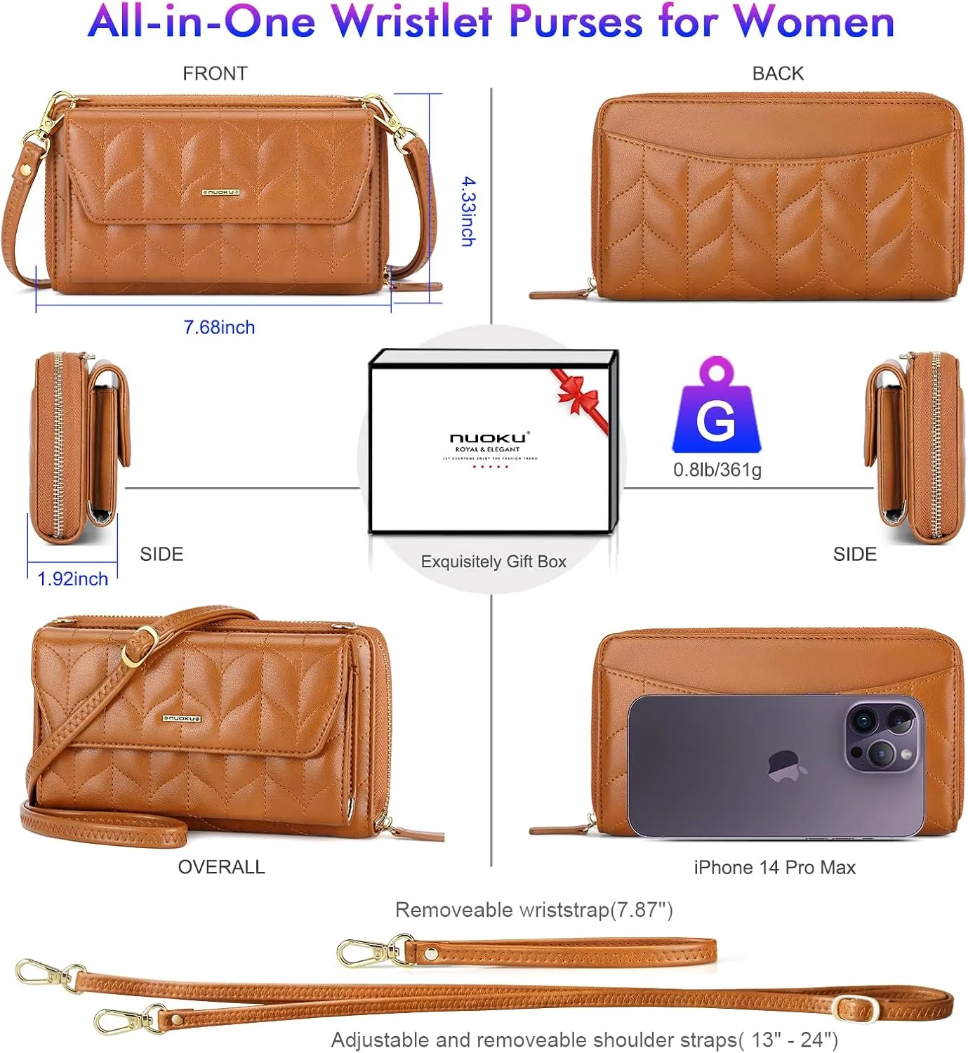 nuoku Womens RFID Wallet Purse Wristlet Crossbody Clutch with Zip Around 2 Strap