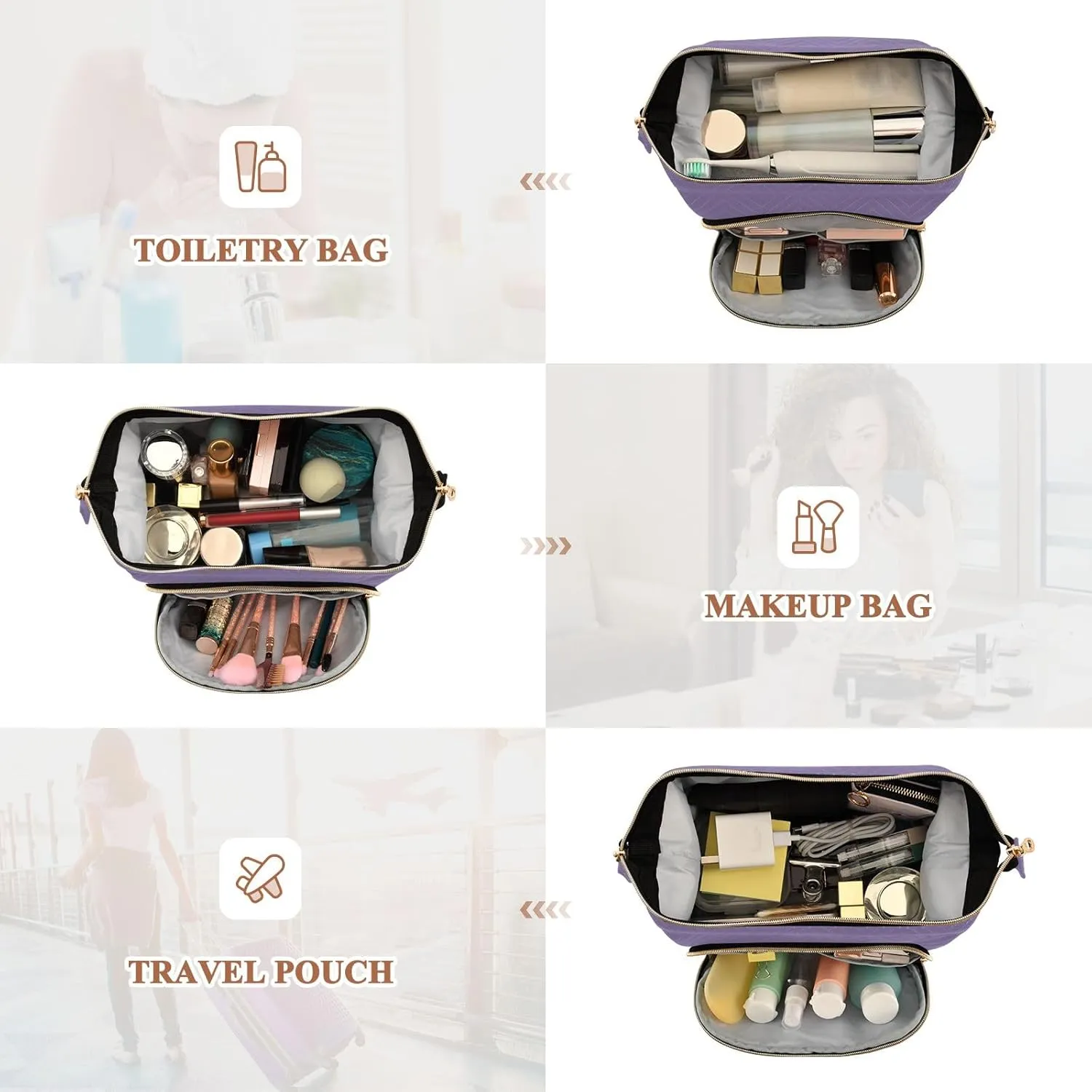 ODAWA Grayish Purple Quilted Cosmetic Bag with 9-Piece Accessory Set, Wide-open Cosmetic Travel Bags Purse for Toiletries Accessories Brushes