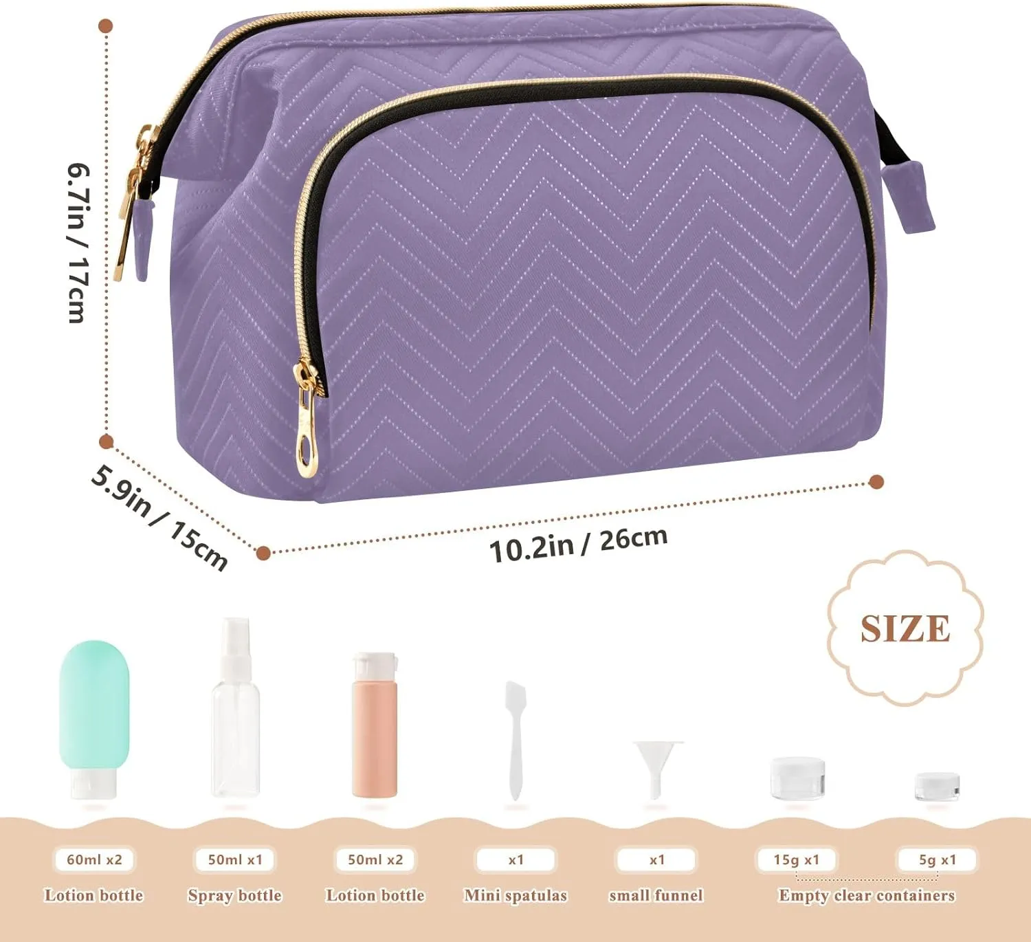ODAWA Grayish Purple Quilted Cosmetic Bag with 9-Piece Accessory Set, Wide-open Cosmetic Travel Bags Purse for Toiletries Accessories Brushes