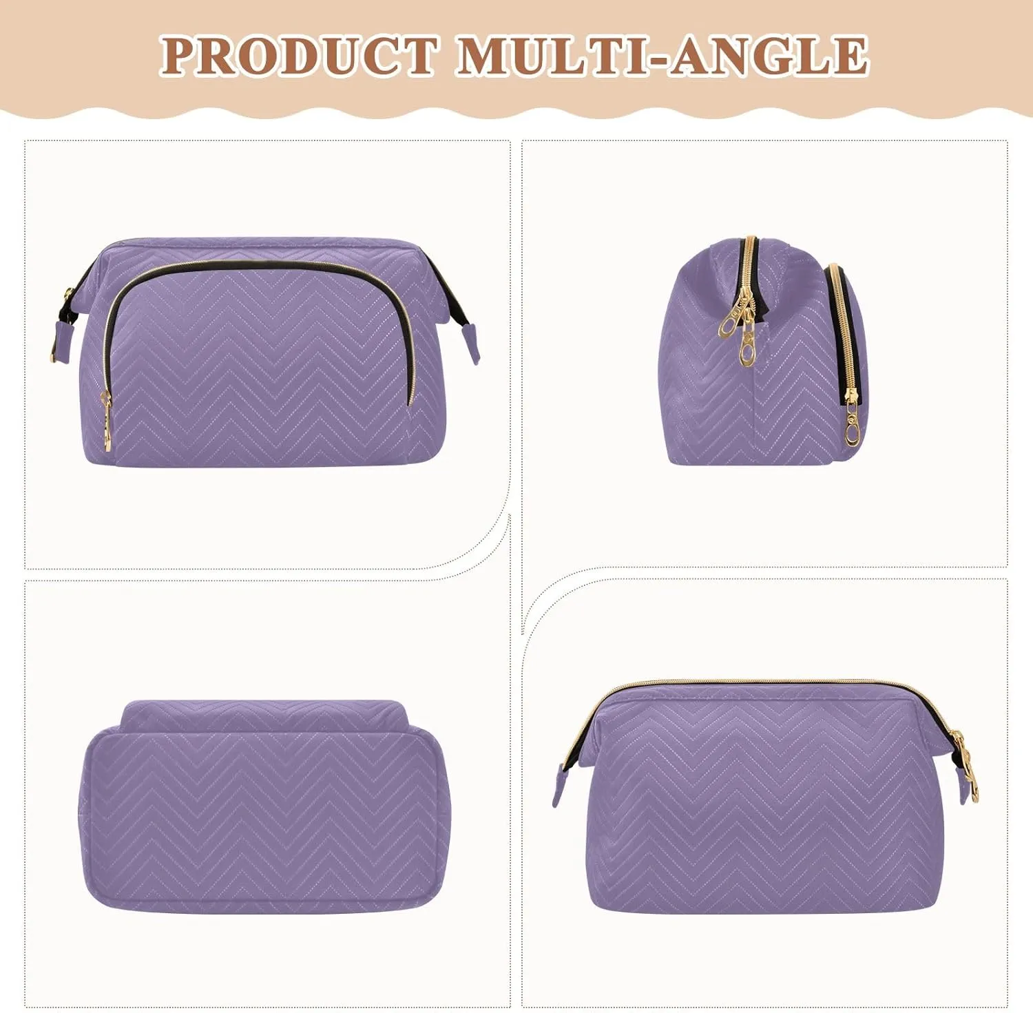 ODAWA Grayish Purple Quilted Cosmetic Bag with 9-Piece Accessory Set, Wide-open Cosmetic Travel Bags Purse for Toiletries Accessories Brushes