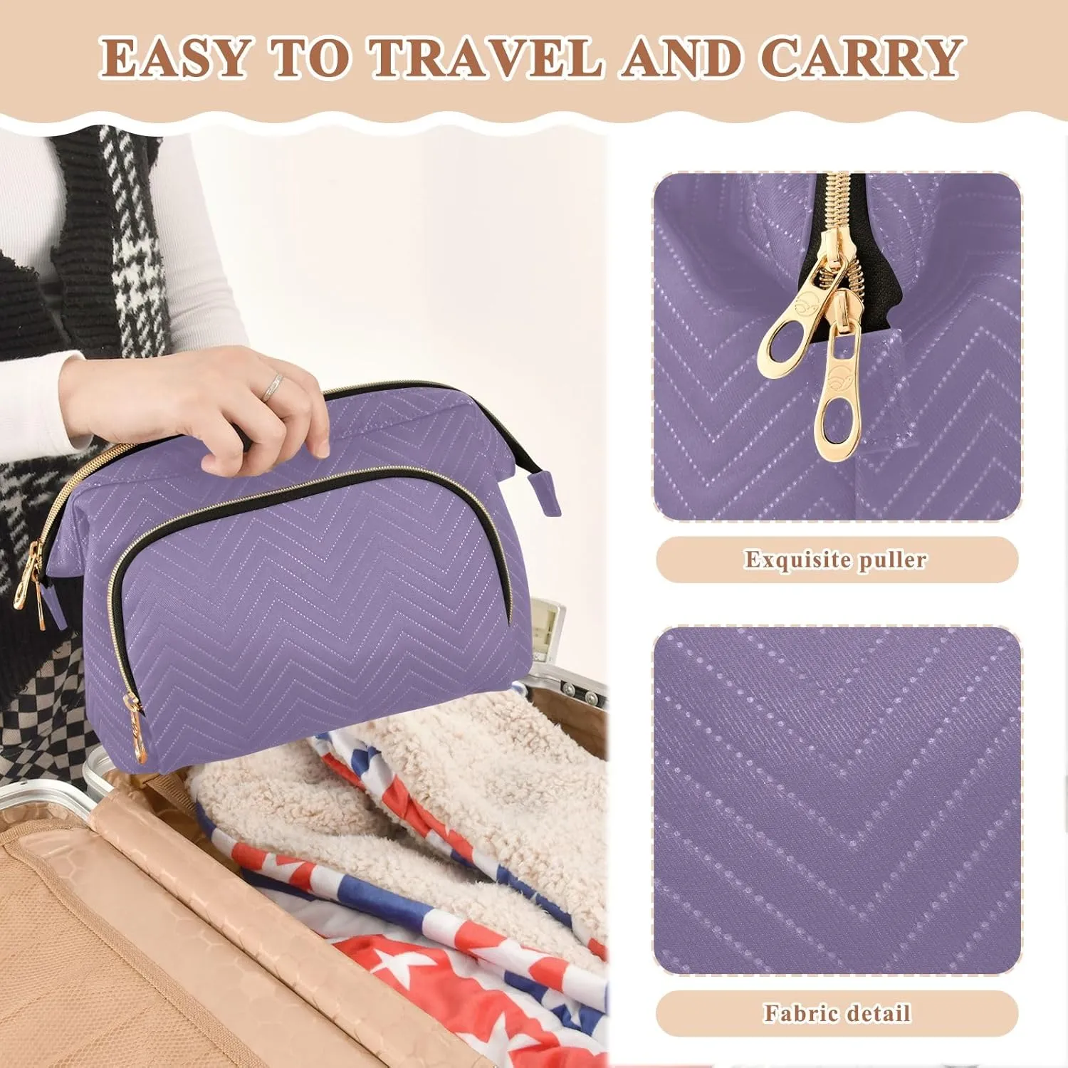ODAWA Grayish Purple Quilted Cosmetic Bag with 9-Piece Accessory Set, Wide-open Cosmetic Travel Bags Purse for Toiletries Accessories Brushes