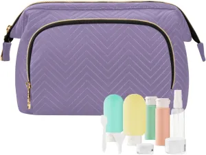 ODAWA Grayish Purple Quilted Cosmetic Bag with 9-Piece Accessory Set, Wide-open Cosmetic Travel Bags Purse for Toiletries Accessories Brushes