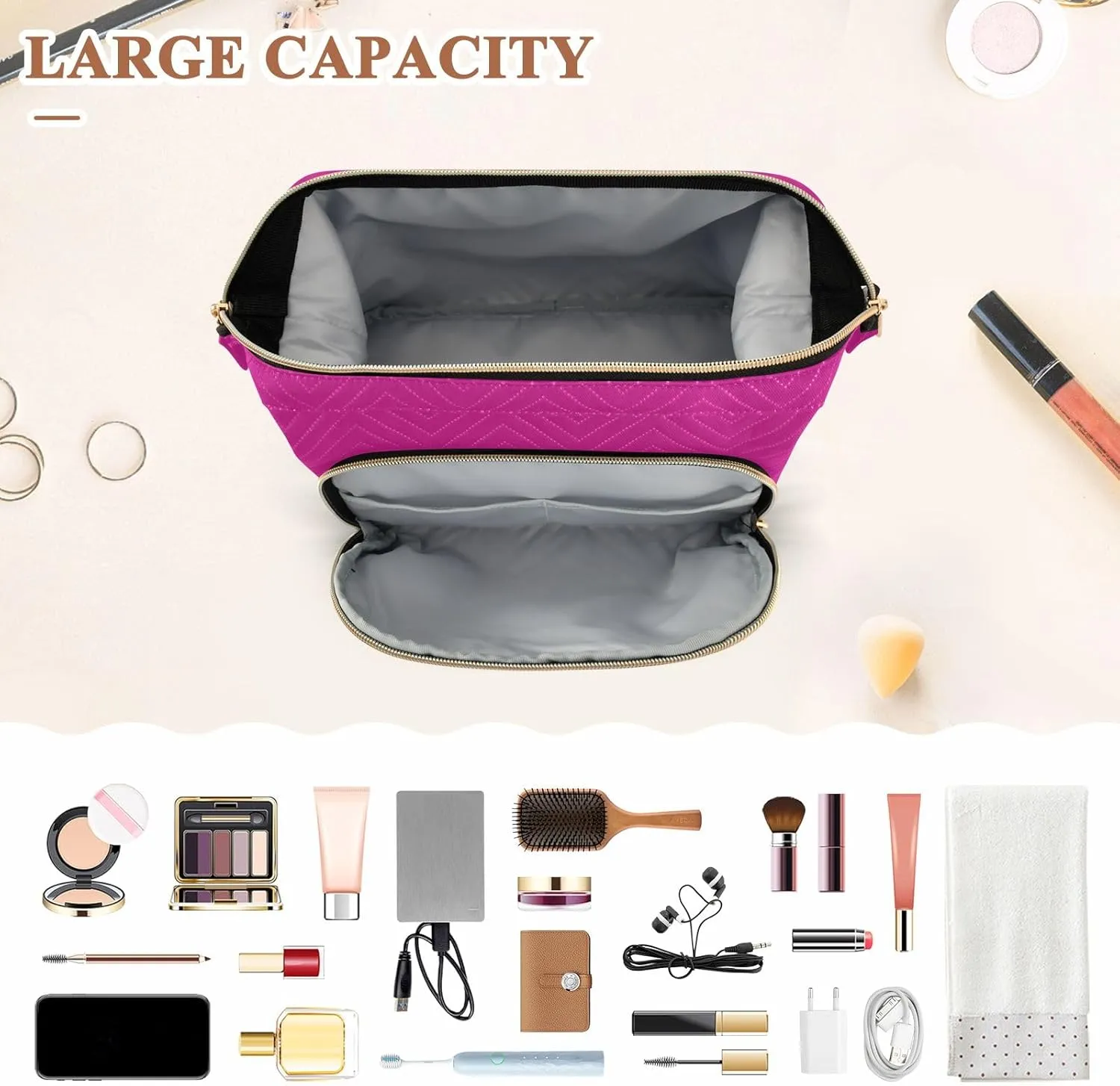 ODAWA Large Capacity Makeup Bags Medium Violet Red Make up Bag Organizer Bag with 9-Piece Accessory Set, Travel Cosmetic Bag Organizer Bag for Makeup