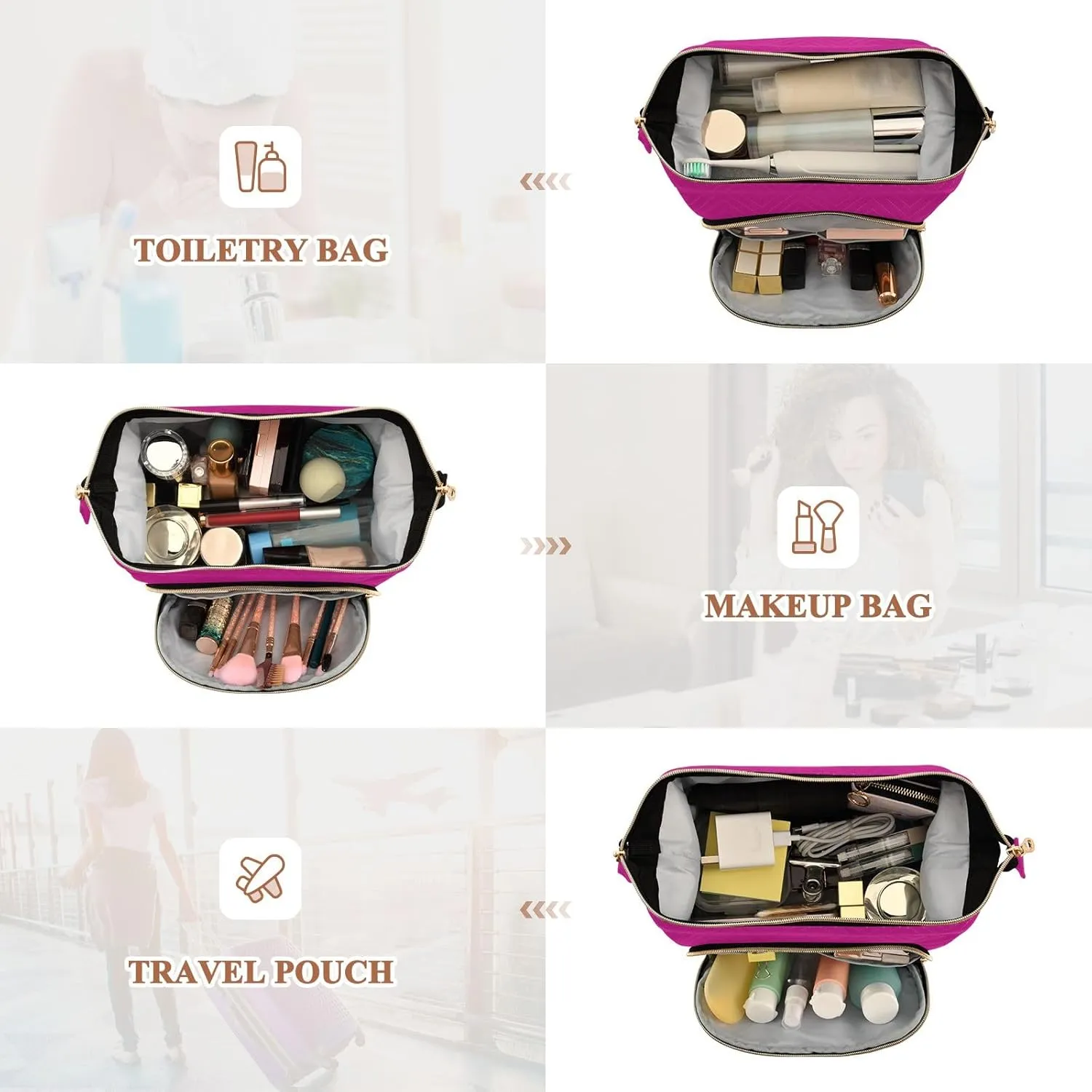 ODAWA Large Capacity Makeup Bags Medium Violet Red Make up Bag Organizer Bag with 9-Piece Accessory Set, Travel Cosmetic Bag Organizer Bag for Makeup