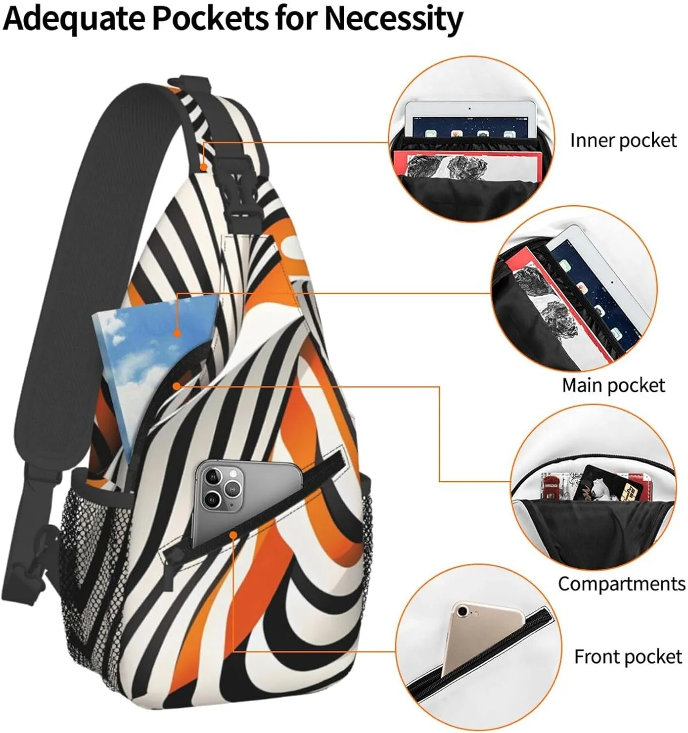 Orange Zebra Distortion Stripe Crossbody Bag Cross Chest Bag Adjustable Sling Backpack Sports Gym Shoulder Bags Travel Cycling Daypack Diagonally Casual Rucksack