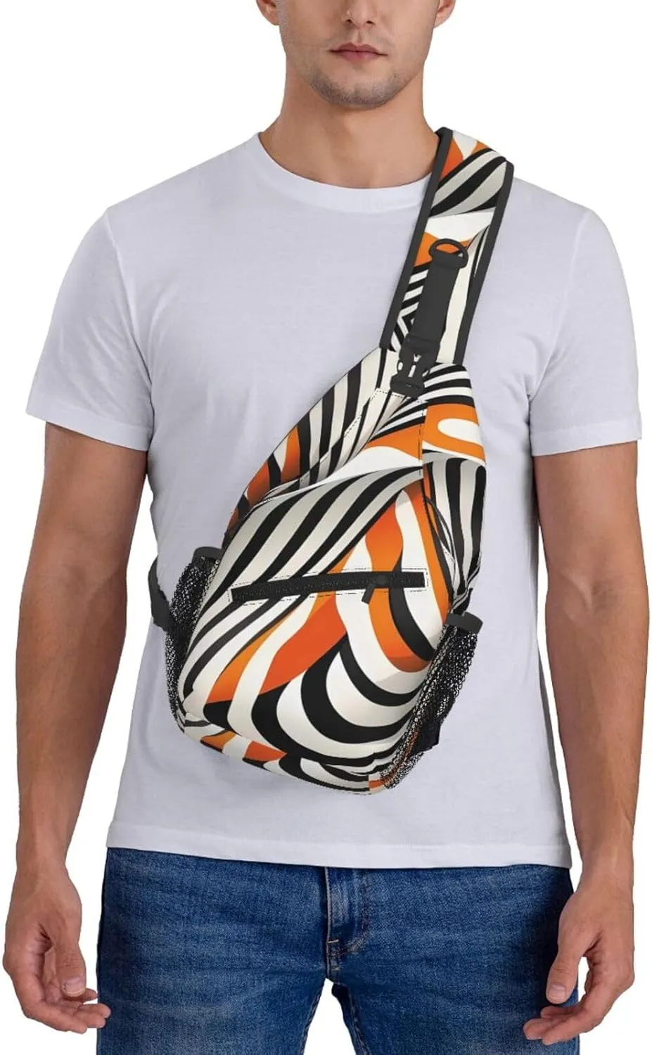 Orange Zebra Distortion Stripe Crossbody Bag Cross Chest Bag Adjustable Sling Backpack Sports Gym Shoulder Bags Travel Cycling Daypack Diagonally Casual Rucksack