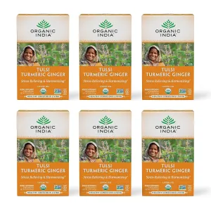 ORGANIC INDIA Tulsi Turmeric Ginger Herbal Tea - Stress Relieving & Harmonizing, Immune Support, Aids Digestion, Vegan, Caffeine-Free - 18 Infusion Bags, 6 Pack