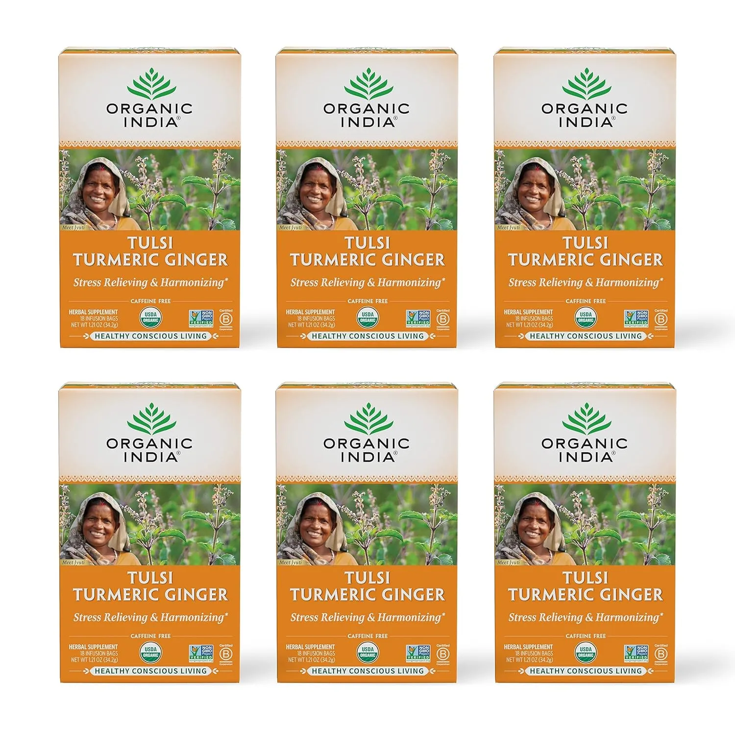 ORGANIC INDIA Tulsi Turmeric Ginger Herbal Tea - Stress Relieving & Harmonizing, Immune Support, Aids Digestion, Vegan, Caffeine-Free - 18 Infusion Bags, 6 Pack