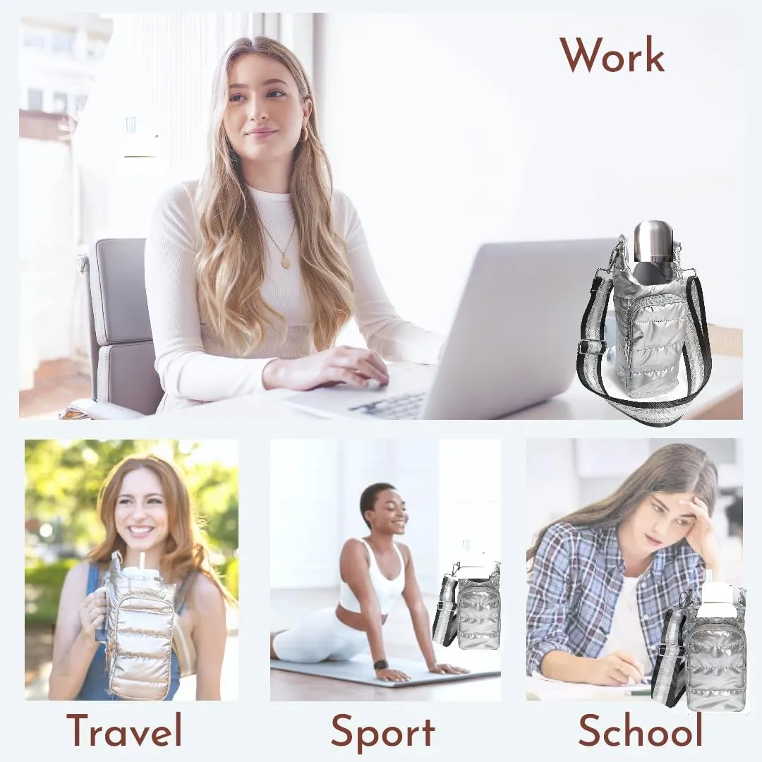 Original Crossbody Water Bottle Holder Bag with Strap.Stylish Puffer Bag.Pockets for Phone & Accessories.BEST GIFT