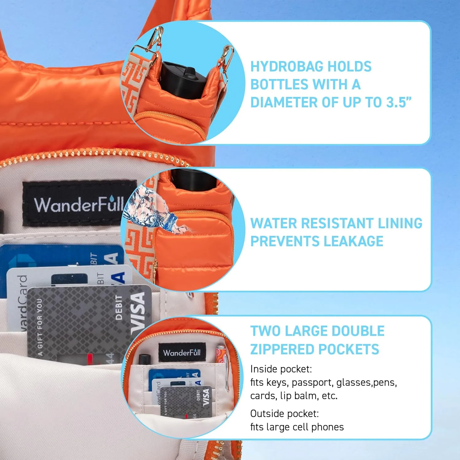 Original HydroBag | Quilted Water Bottle Holder with Strap | Tote Bottle Carrier Crossbody Bag with Pockets