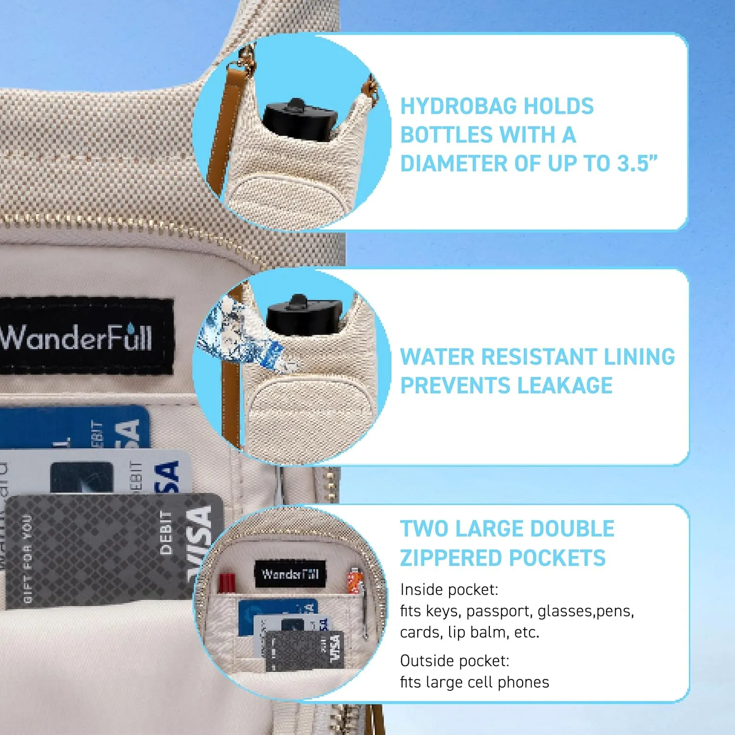 Original HydroBag | Quilted Water Bottle Holder with Strap | Tote Bottle Carrier Crossbody Bag with Pockets