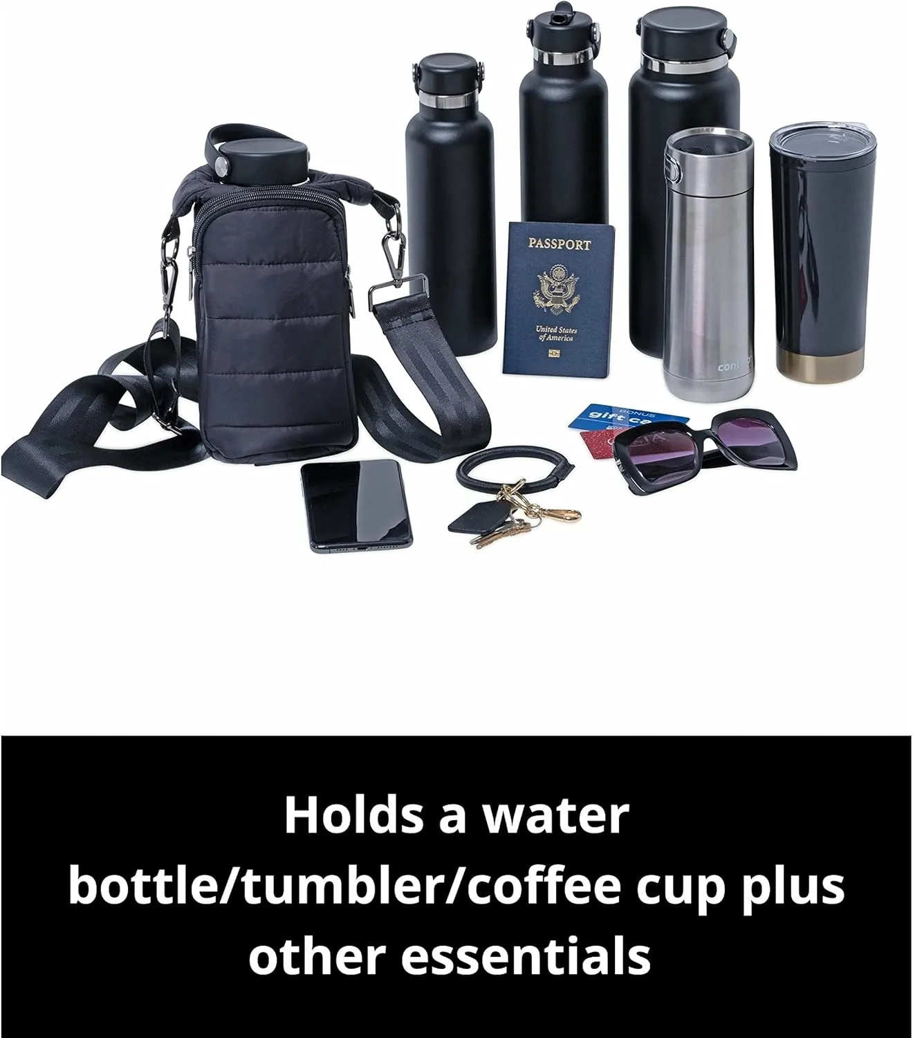 Original HydroBag | Quilted Water Bottle Holder with Strap | Tote Bottle Carrier Crossbody Bag with Pockets