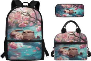 Otter Bookbags for Kids 6-8 with Lunch Bag Lightweight Backpack with Soft Pencil Case 3 in 1 17 Inch School Bag Set with Side Cup Holder Dirt-Resistant Daypack for Kindergarten Spring Travel