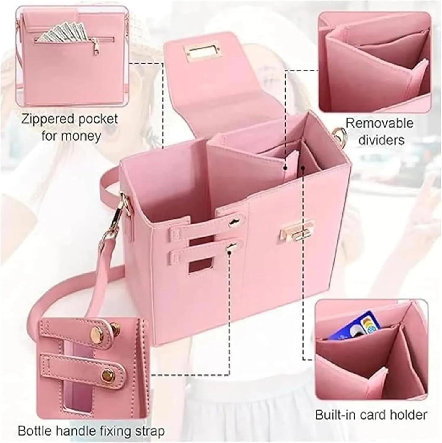 Outdoor Portable Crossbody Water Cup Storage Bag,Cross Body Bag with Water Bottle Holder,Outdoor Water Cup Storage Bag,Multifunctional Leather Water Bottle Holder Adjustable Shoulder Strap (Black)