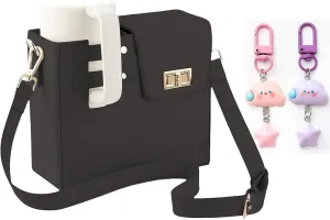 Outdoor Portable Crossbody Water Cup Storage Bag,Cross Body Bag with Water Bottle Holder,Outdoor Water Cup Storage Bag,Multifunctional Leather Water Bottle Holder Adjustable Shoulder Strap (Black)