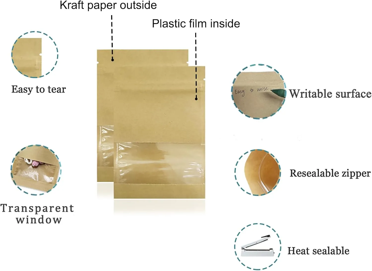 PABCK 500 Pack 5.1x7.08 inch (Inner Size 4.7x5.7 inch) Clear Window Brown Kraft Paper for Zip Bag Seed Packets Lock Food Storage Bags Zipper Lock Envelopes Resealable Heat Seal Pouch Coffee Packet